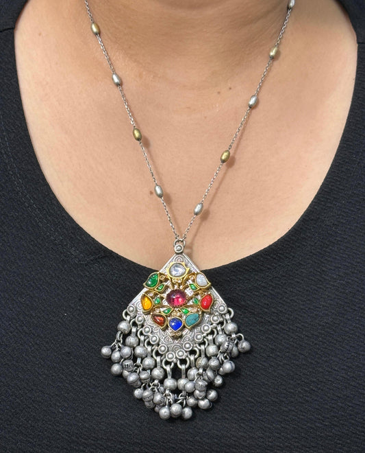 Diamond Navratan Pendent With Ghungroo in silver look alike  for women