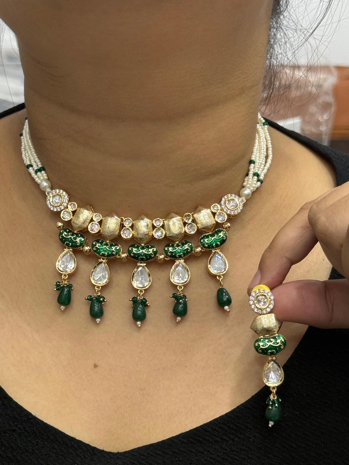 Kashvi kundan necklace with earrings with Emerald drops For Women