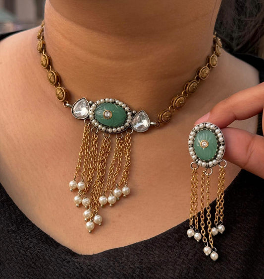 Gehna necklace in carved stone from Amrapali inspired collection in brass gold polish