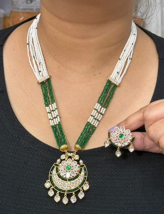 Adhya Multi Layered  Mala With Kundan Broach In Emerald With Earings For Women