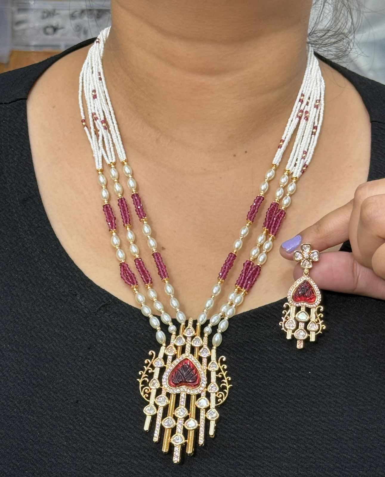 Vidhi kundan long necklace with earrings in ruby For Women
