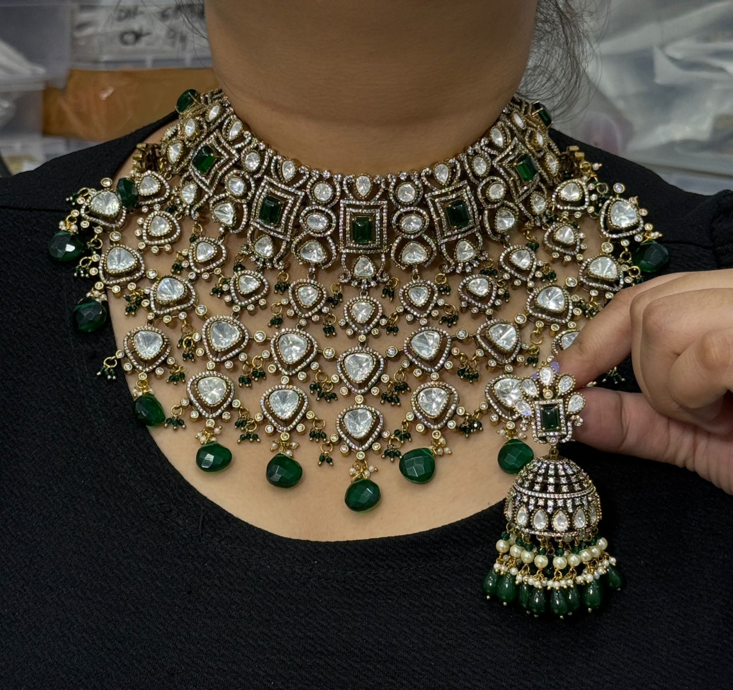 Aditee polki with emerald green stones bridal necklace in mosanite with jhumkis for women and bridals