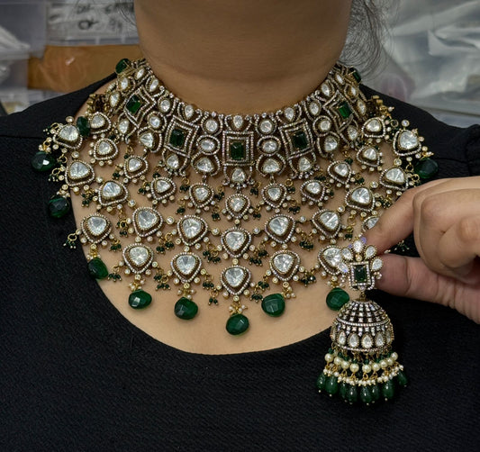 Aditee polki with emerald green stones bridal necklace in mosanite with jhumkis for women and bridals