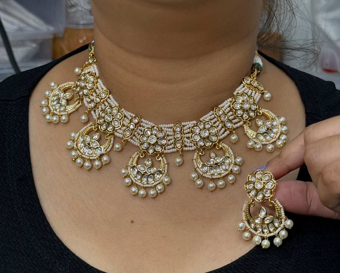 Premium kundan necklace with chanbalis with same earrings for women
