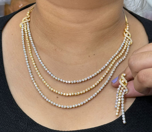 Gold & Silver Triple Layer CZ Necklace Set with Earrings