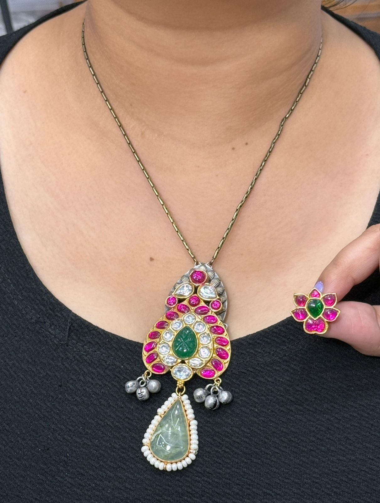 Paachi kundan pendent With mint drop silver look alike  for women