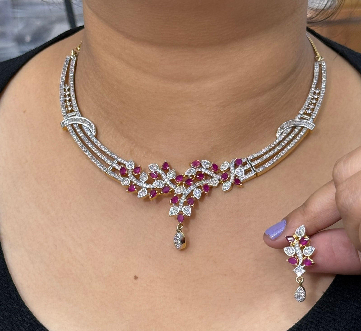 Designer Necklace & Earrings Set with Pink and White CZ Stones