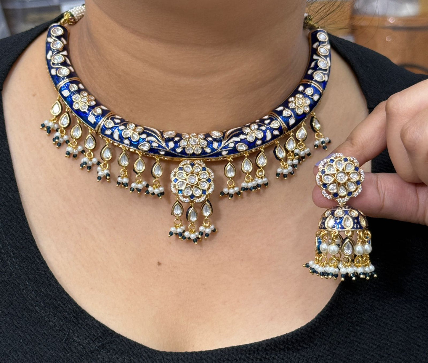 Meenakari hasli in blue with long kundan earrings for women
