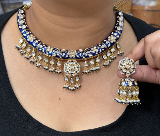 Meenakari hasli in blue with long kundan earrings for women