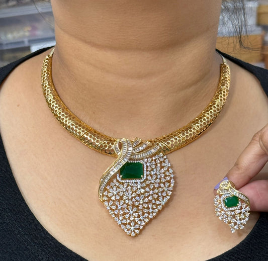 Elegant Gold-Tone Necklace Set with Green Stone and Sparkling CZ