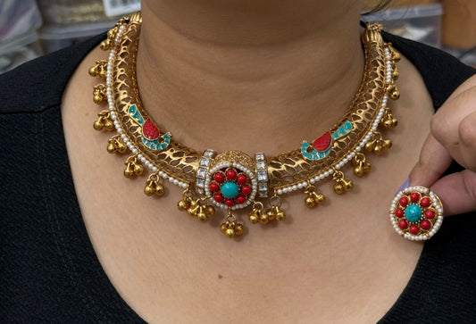 South indian gold and carved stone from Amrapali inspired collection in brass gold polish haslo for women