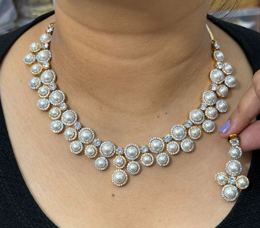 Alani American Diamond Pearl Necklace Set in Gold Plated For Women