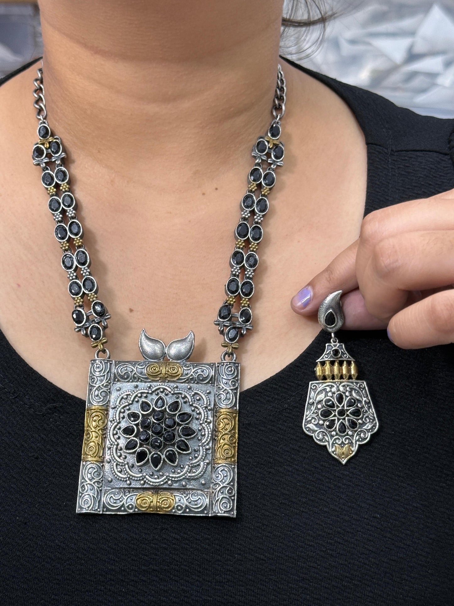 Urmi long Dual Tone silver look alike in Black necklace with earrings