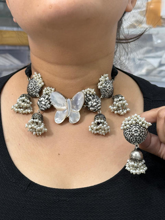 Akshat Silver Look Alike Necklace Set In Duzy Butterfly For Women