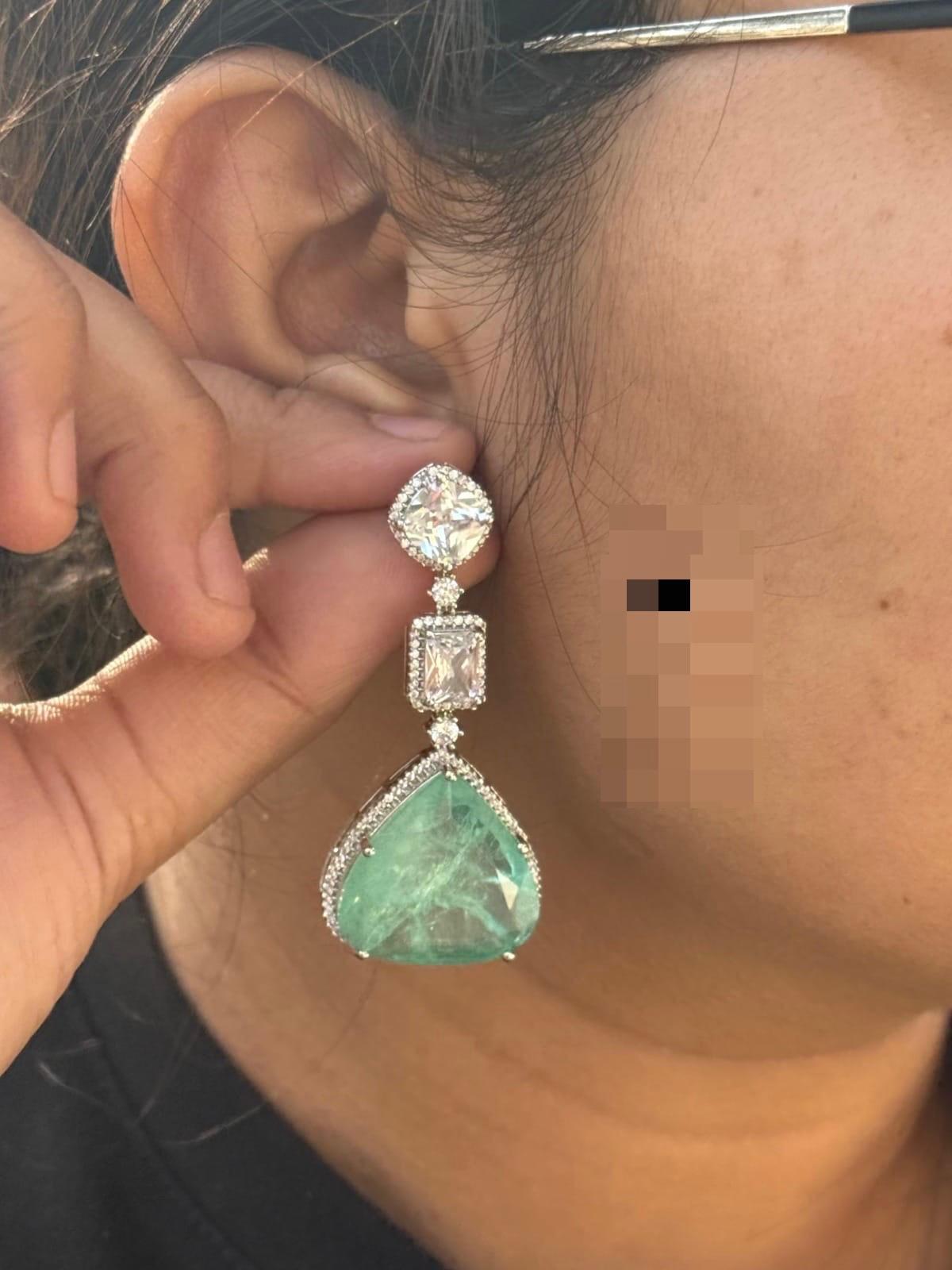 Elegant Emerald Green Drop Earrings with Cubic Zirconia Stone
