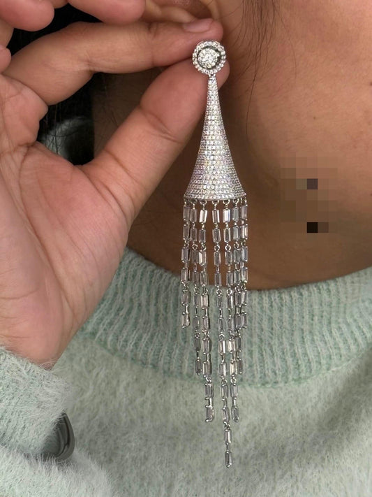 Charming Long Drop Earrings with Emerald Silver Chains