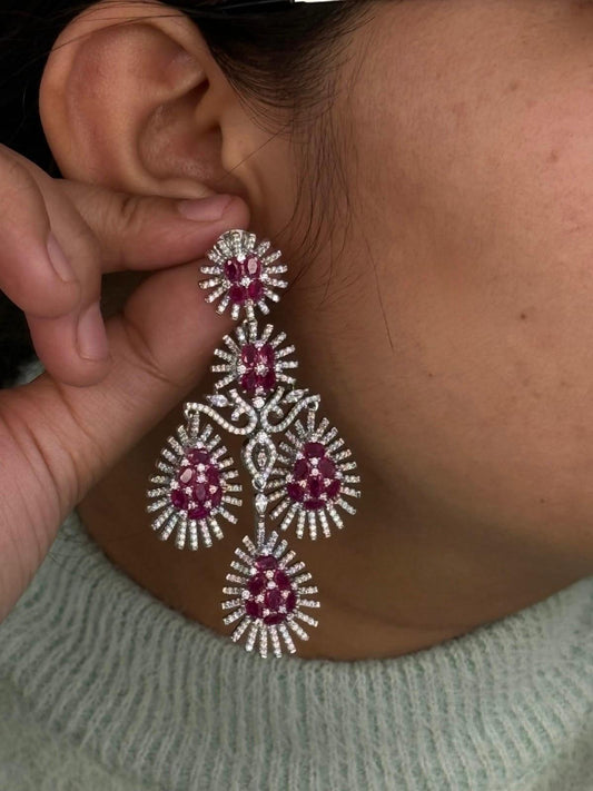 Antique Ruby & Diamond Long Earrings with silver polish And CZ Stone for women