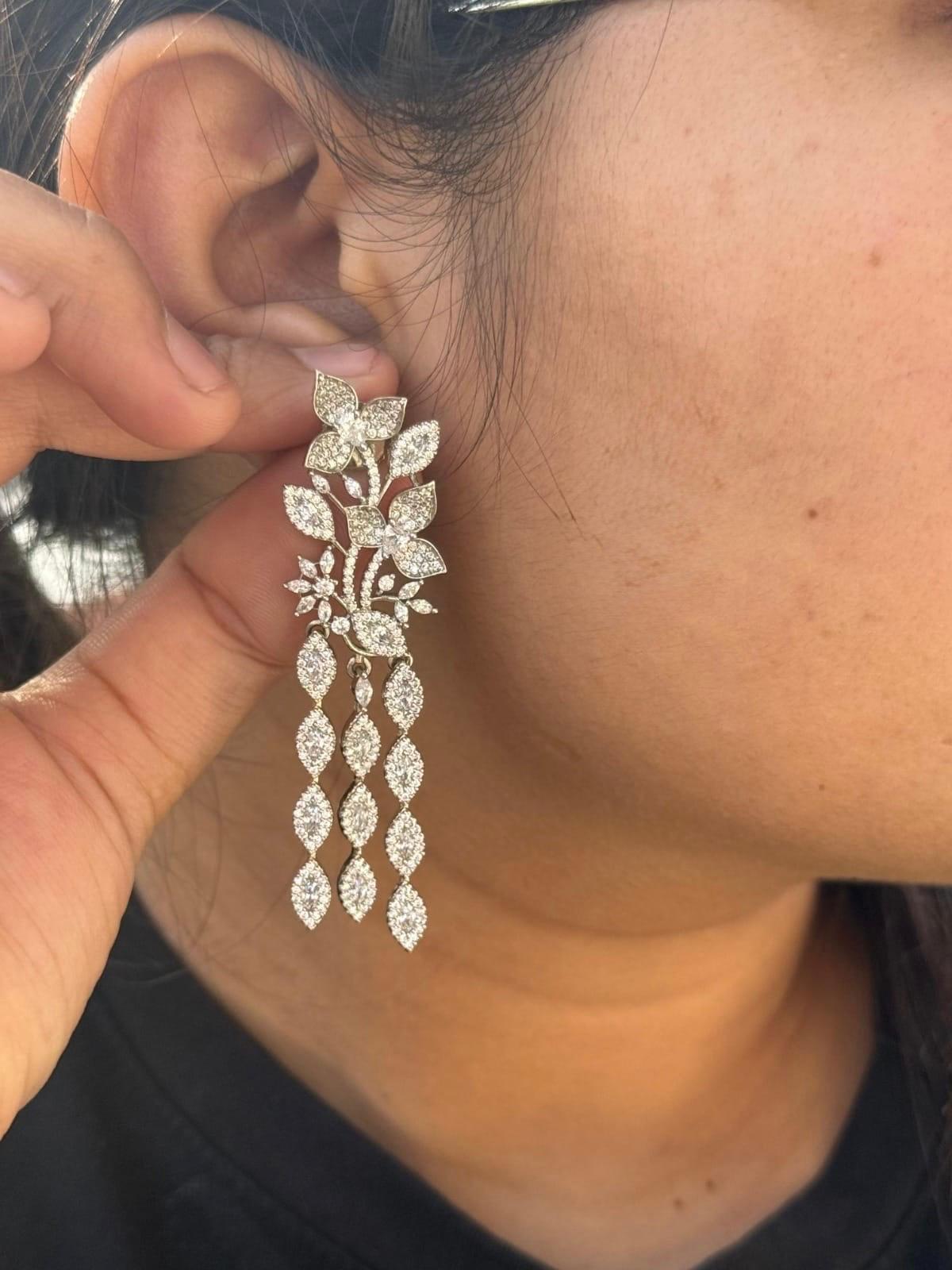 Elegant Silver Long Earrings with Floral Vine Design