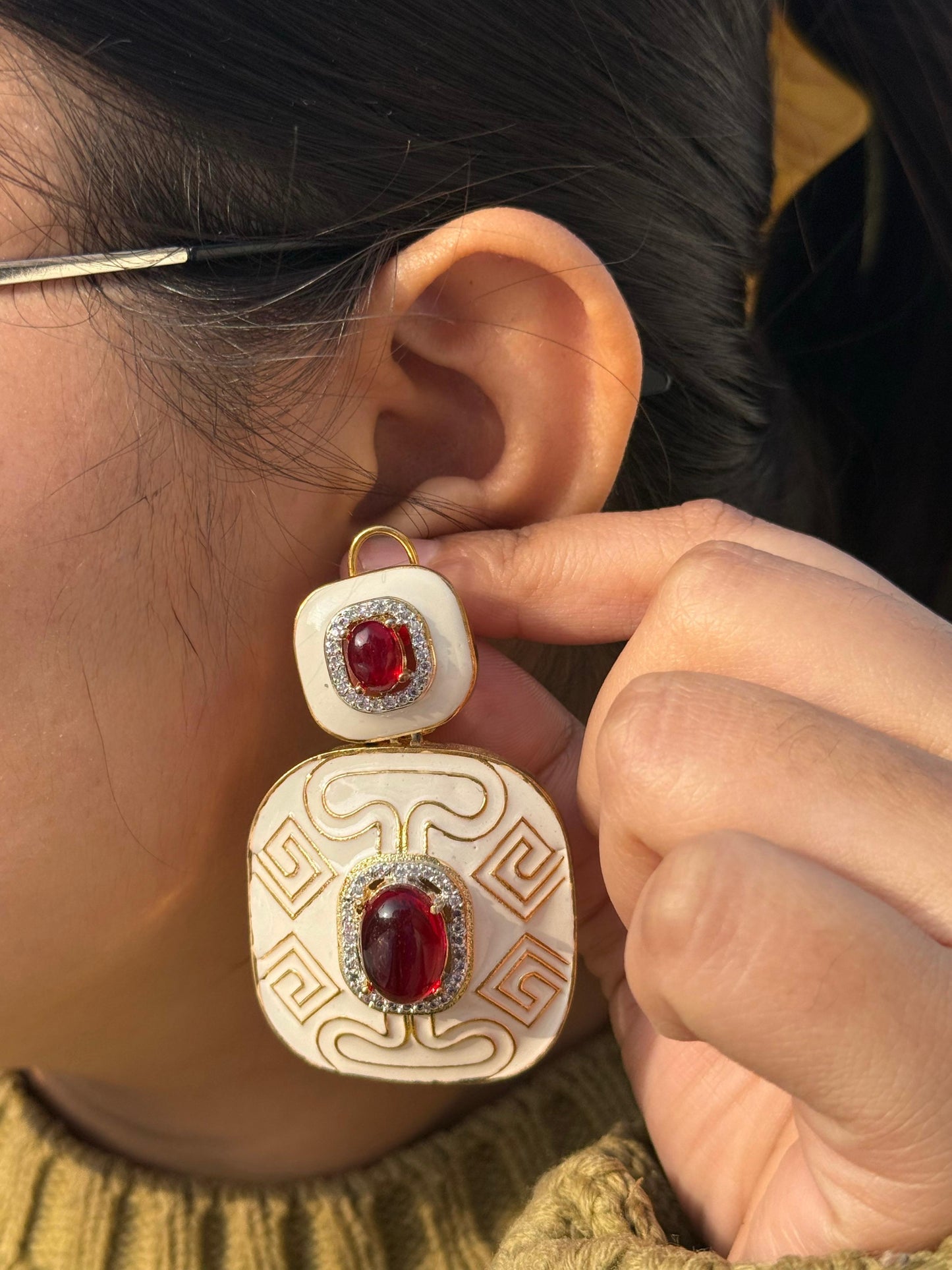 Vintage Greek Key Statement Earrings with Red Gemstone & Enamel Detailing