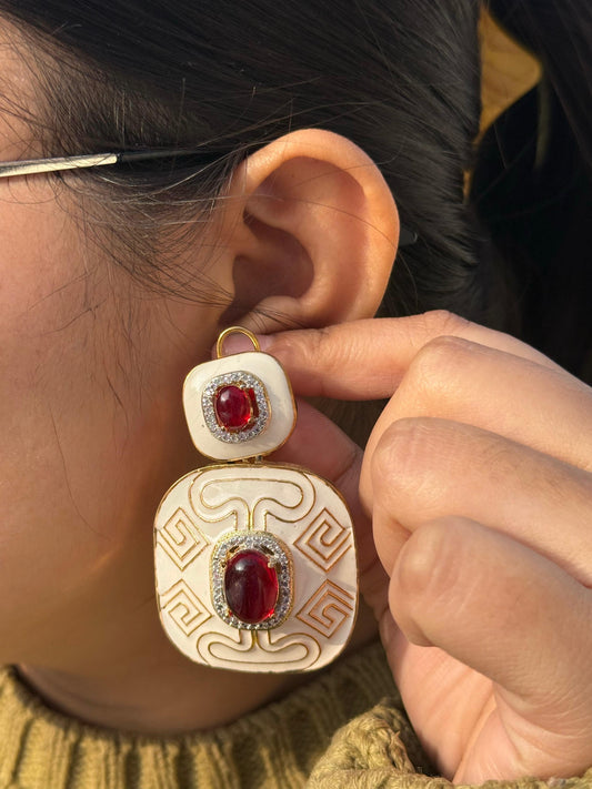 Vintage Greek Key Statement Earrings with Red Gemstone & Enamel Detailing