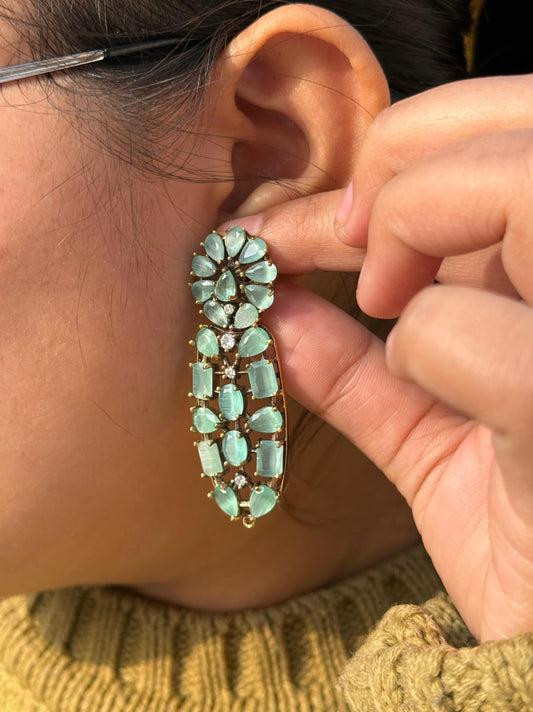 Elegant Mint Crystal Floral Drop Earrings with Gold Detailing