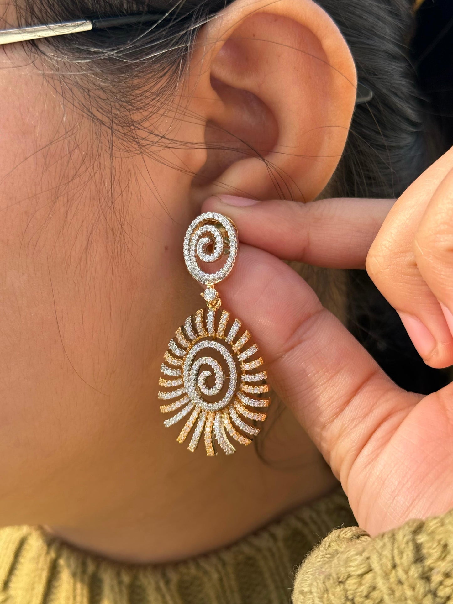 Gold & Silver Spiral Sunburst Statement Earrings with Crystal Detailing