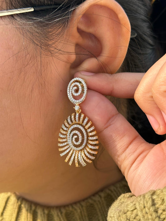 Gold & Silver Spiral Sunburst Statement Earrings with Crystal Detailing