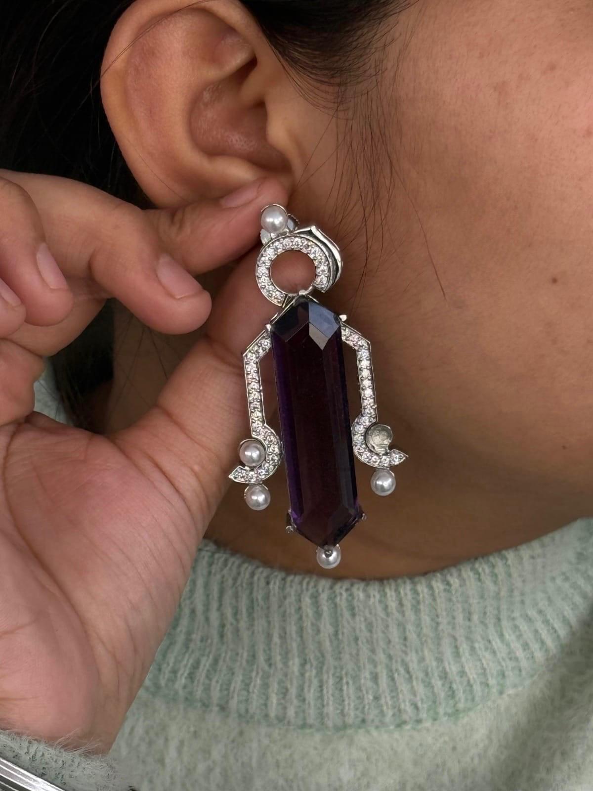 Amethyst Long Drop Earrings with Pearl Accents