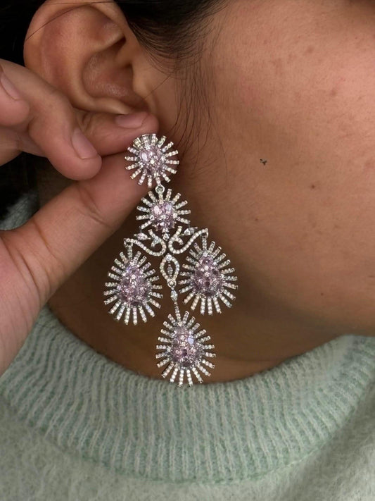 Glamorous Long Drop Earrings with Pink and CZ stone