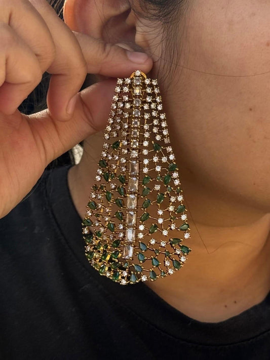Elegant Green Teardrop and CZ Long Statement Earrings