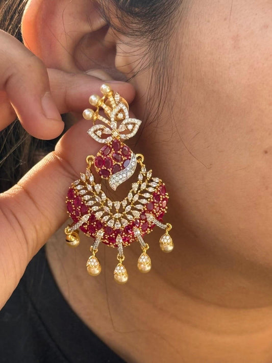 Elegant Red Crystal & Pearl Chandelier Earrings