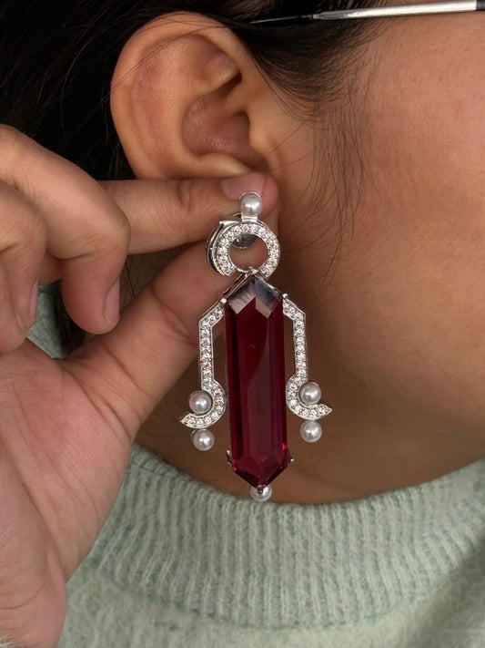 Red Amethyst Long Drop Earrings with Pearl Accents