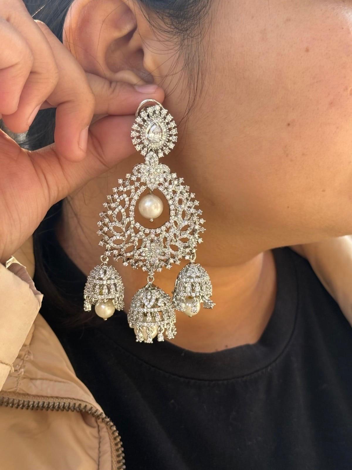 Silver Plated Crystal & Pearl Bridal Chandelier Earrings