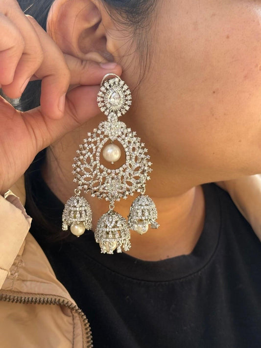 Silver Plated Crystal & Pearl Bridal Chandelier Earrings