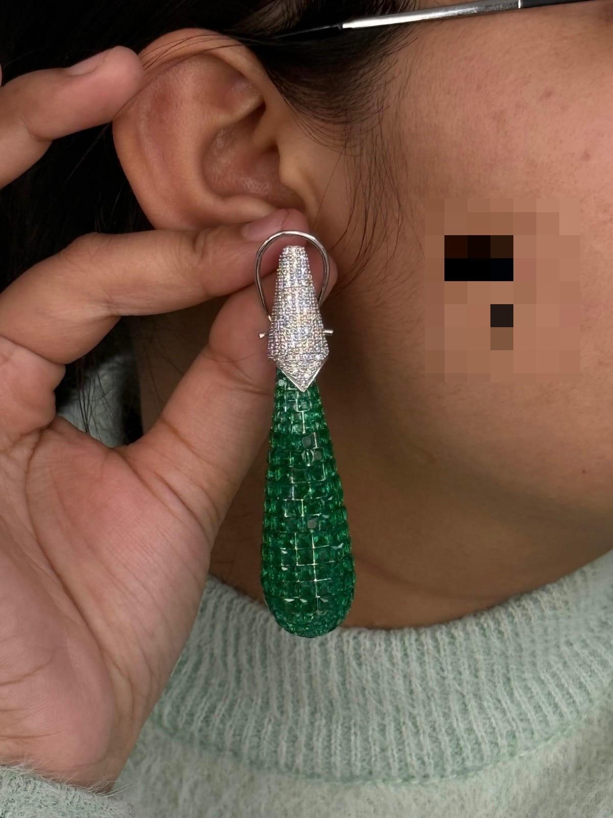 Green Crystal Long Drop Earrings with CZ Top