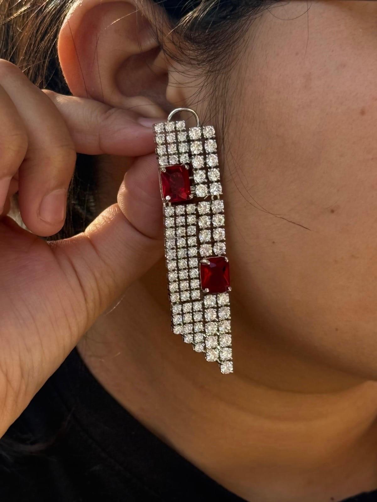 Ruby Red & Diamond CZ Long Dangler Earrings with Silver Polish