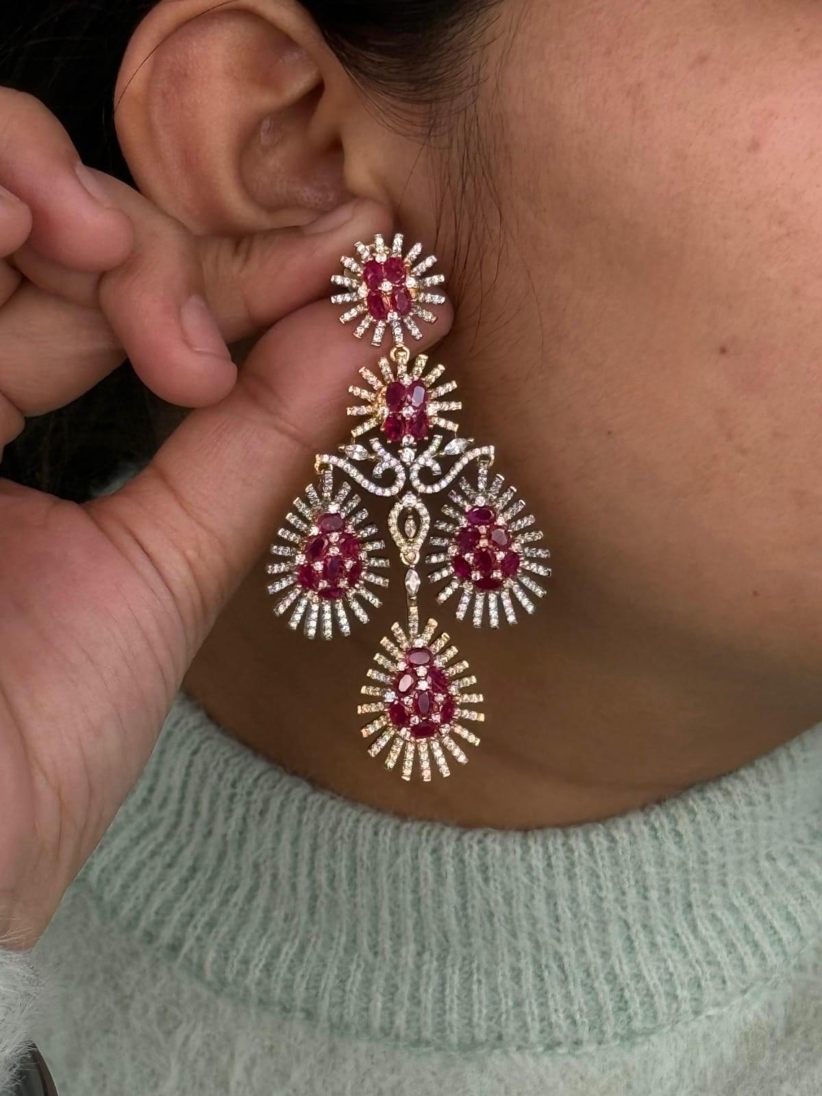 Ruby Red CZ Chandelier Earrings with Gold Finish