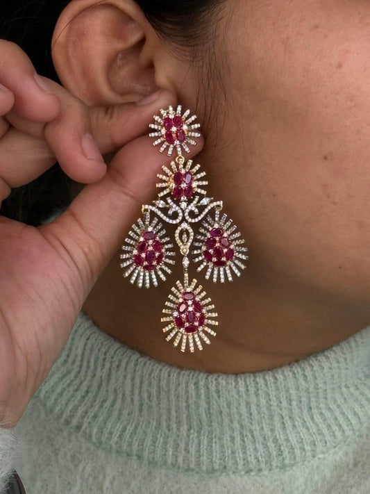 Ruby Red CZ Chandelier Earrings with Gold Finish