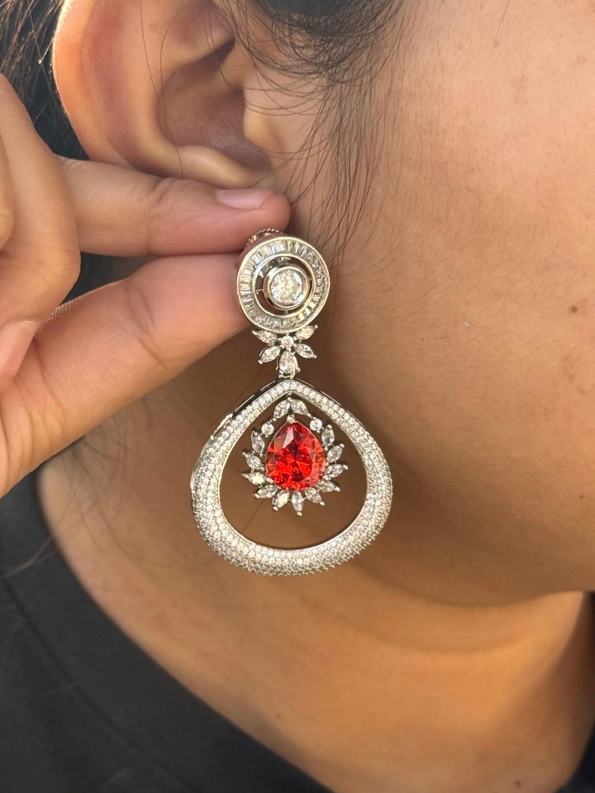 Elegant Red Teardrop Crystal & CZ stone Earrings