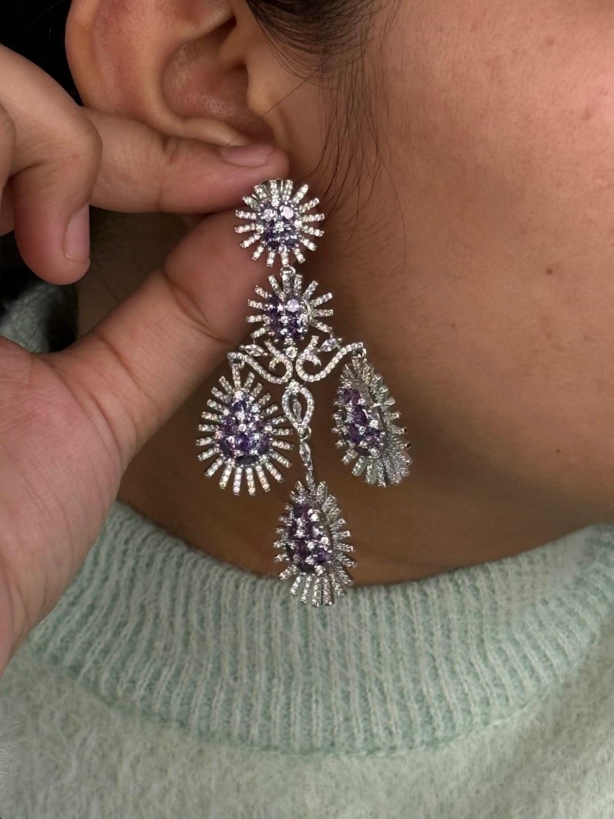 Glamorous Long Drop Earrings with Purple and CZ stone