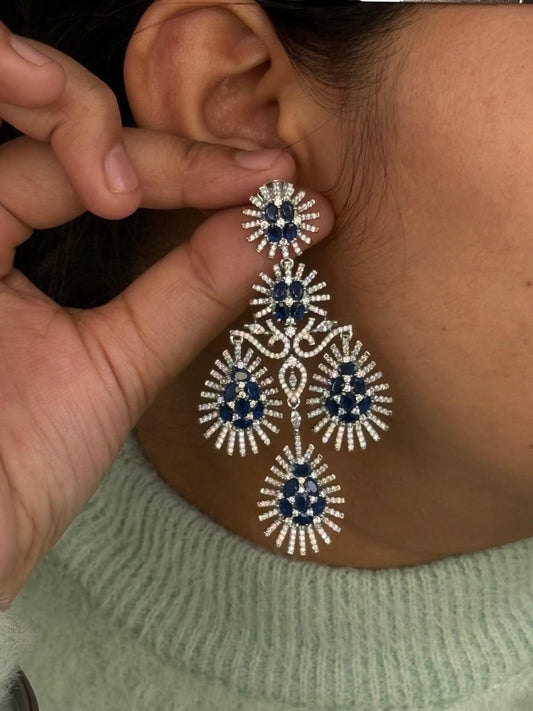 Glamorous Long Drop Earrings with Blue and CZ stone