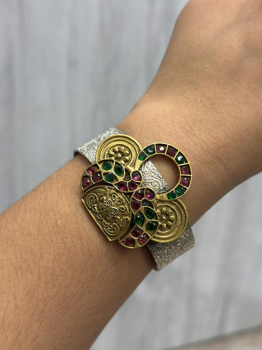 Yashika broad Silver Look Alike with kemp stone in Multi Bracelet For Women