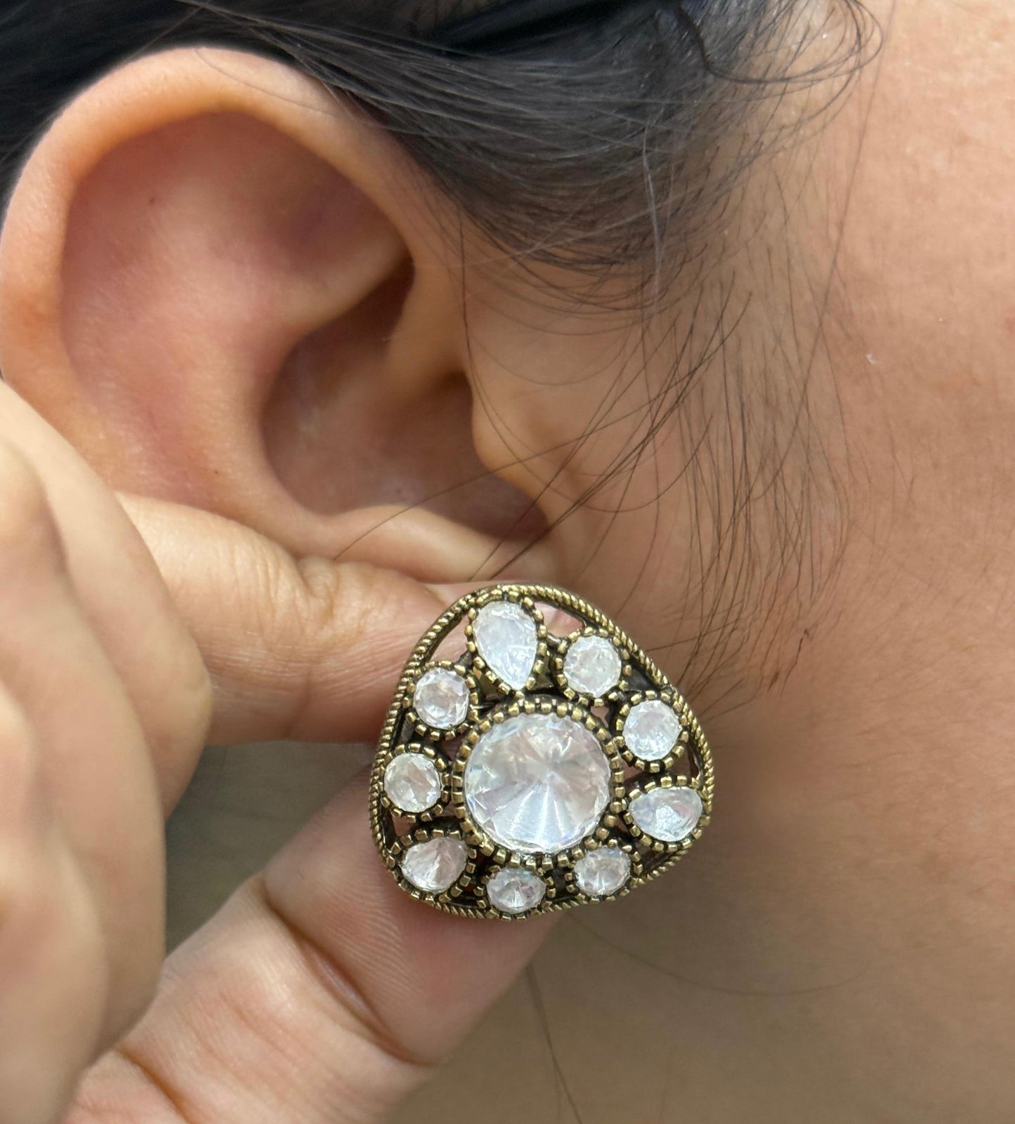 Triangular mossanite Kundan  Studs In White For Women