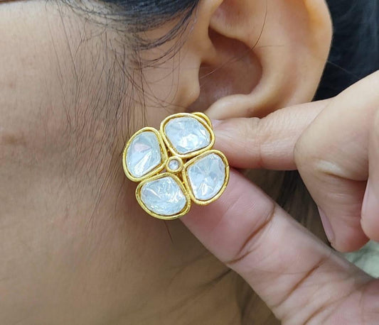 Uncut polki studs for women in gold polish for women