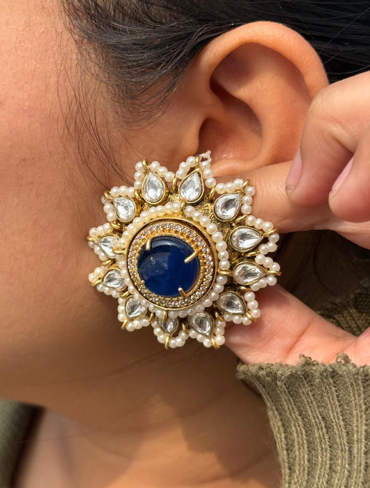 SUNFLOWER MOSSANITE WITH PEARLS STUDS IN BLUE FOR WOMEN