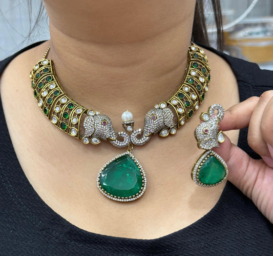 Elephant Kundan Mossanite Hasli in Green For Women