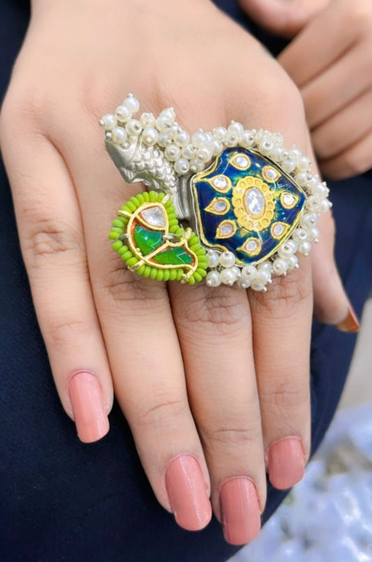 Soha Bird Silver Look Alike Kundan Ring