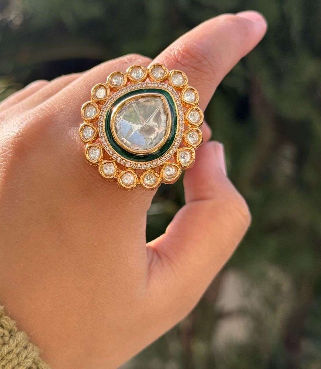 MOISSANITE POLKI RING IN GREEN FOR WOMEN