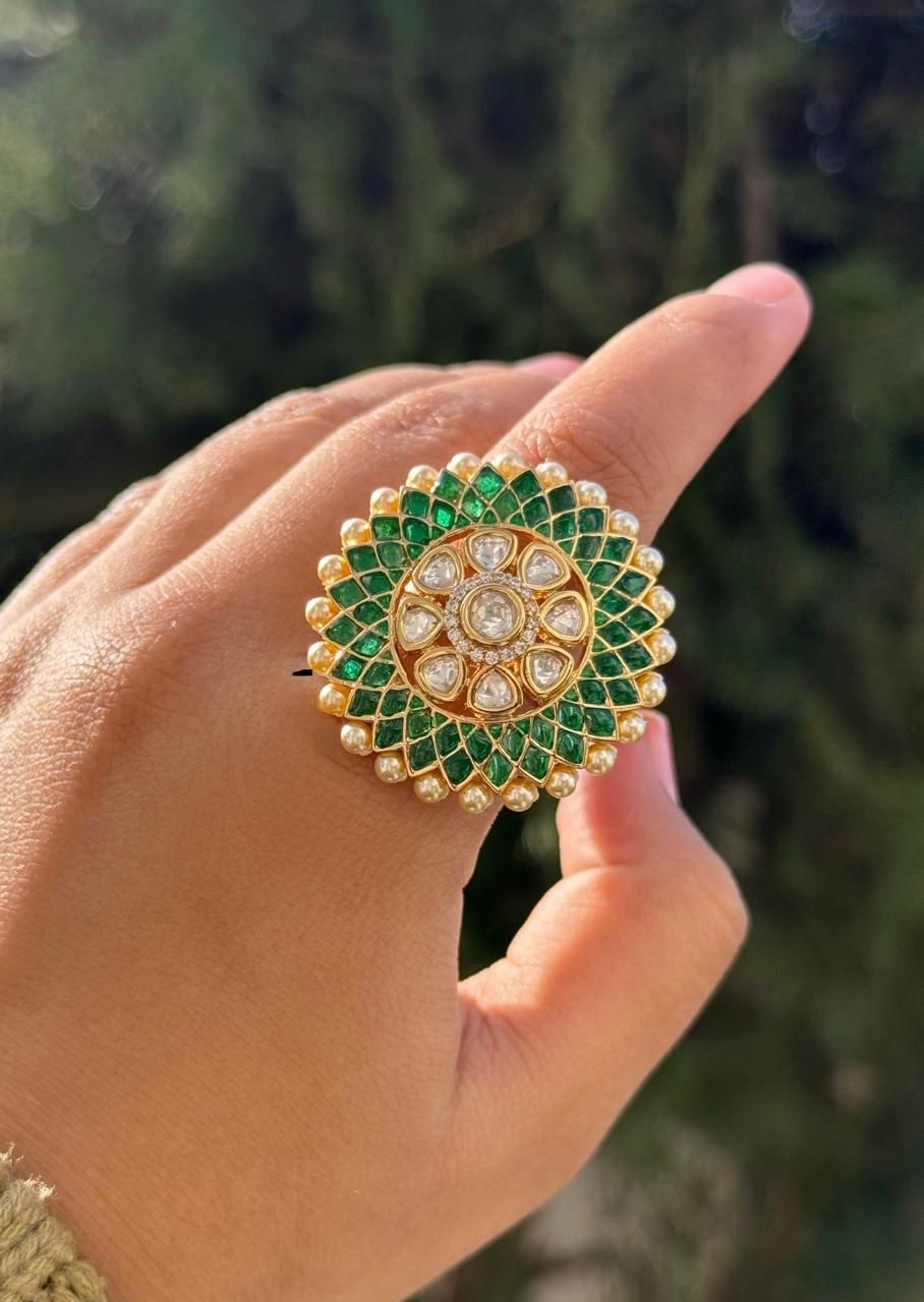 KUNDAN TRADITIONAL FINGER  RING IN GREEN FOR WOMEN