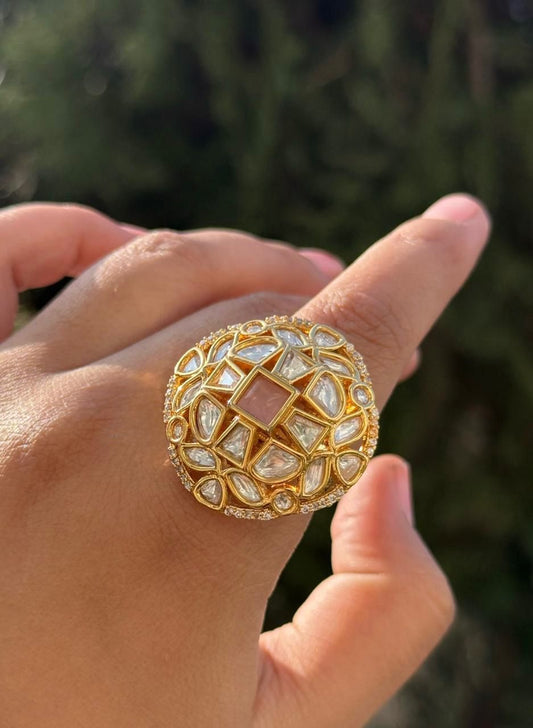 Charlie Gold Plated Kundan Ring in Pink For Women